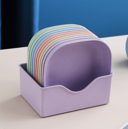 Picture of Wheat straw bone spitting plate, bone spitting plate, home creative dining table garbage tray, fruit plate, snack plate, bone plate, upgraded square plate, mixed color 10 pieces set+base 14cm