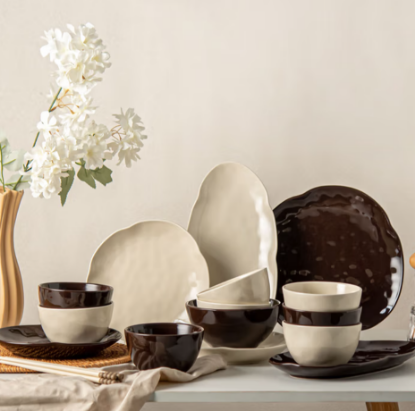 Picture of French retro cream style hand kneaded tableware set, home ceramic bowl and plate set, gift box for gift, Mocha Melbourne -2 people's food