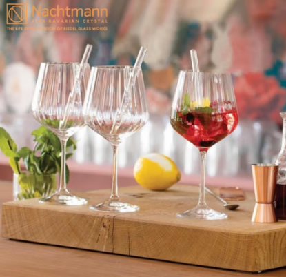 Picture of NACHTMANN imported from Germany, featuring crystal glass, high footed prism, red wine glass, wine glass, and a 4-pack (whole box) universal glass