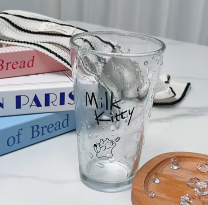 Picture of Cute puppy and kitten printed double mouthed glass cup with glass straw cup and lid, anti drop and heat-resistant cup, cute kitten printed set