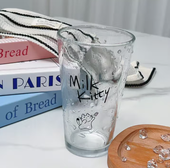 Picture of Cute puppy and kitten printed double mouthed glass cup with glass straw cup and lid, anti drop and heat-resistant cup, cute kitten printed set