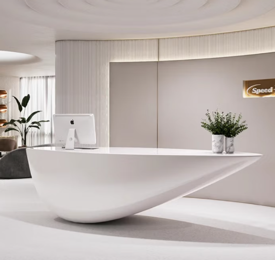 Picture of Baking paint shaped front desk, reception desk, creative welcome desk, hair salon, cash register desk, beauty salon counter, high back chair (1/color adjustable/rolling foot)